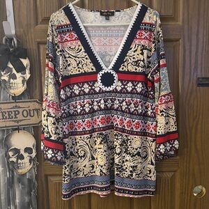 Aztec Print  Multicolor V-Neck Tunic —Bell Sleeves